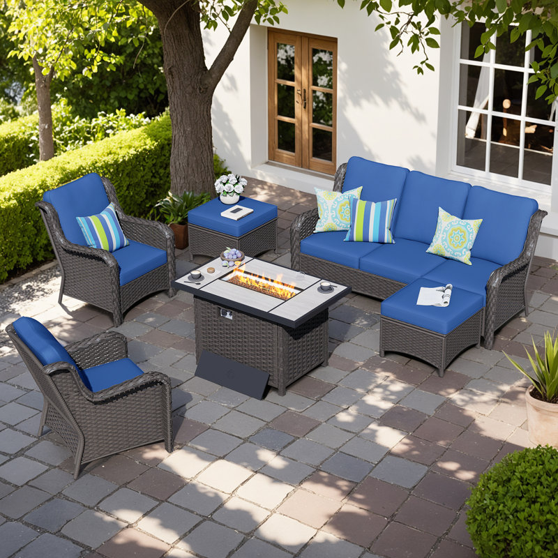 Tommy 5 - Person Patio Conversation Set with Cushions, Navy Blue Cushion/Brown Frame, Yes