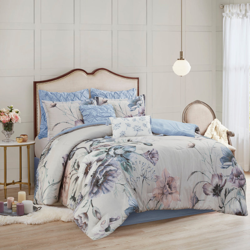 8 Piece Printed Comforter Set Blue
