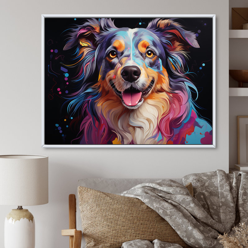 Chien, berger australien, Allure I sur toile, Cadre flottant blanc, H 44 po x l 34 po