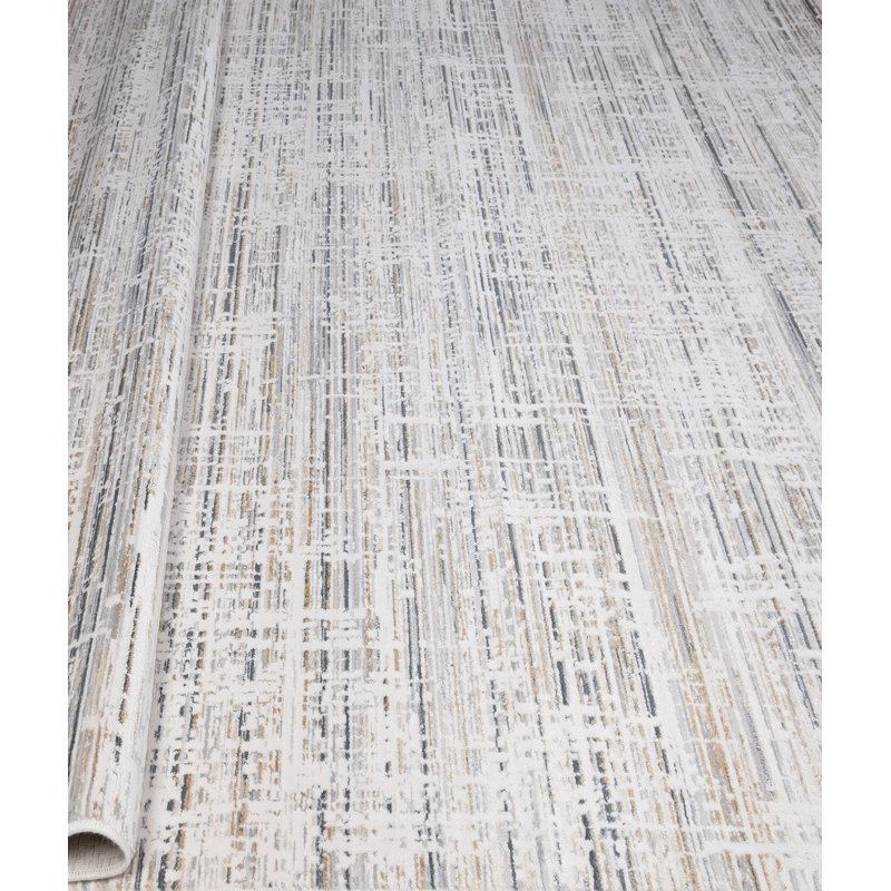 Tapis gris abstrait en acrylique noué à la main Frese, Rectangle 6 pi 7 po x 9 pi 6 po