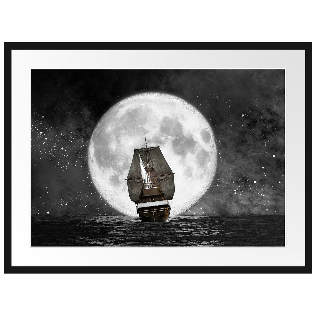 Gerahmtes Poster Segelschiff bei Vollmond