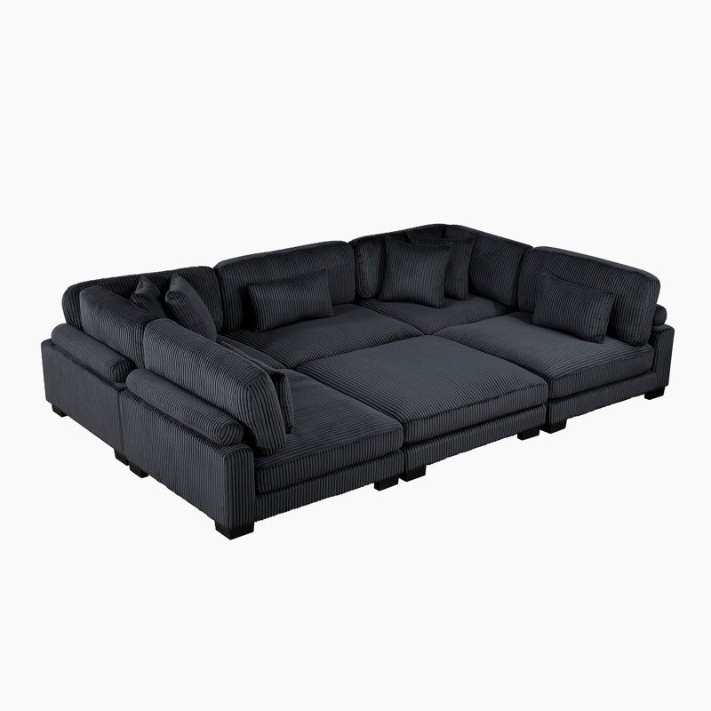 Brinsley 135" Modern Modular Sectional in Corduroy with Adjustable Back & 7 Pillows, Black Corduroy