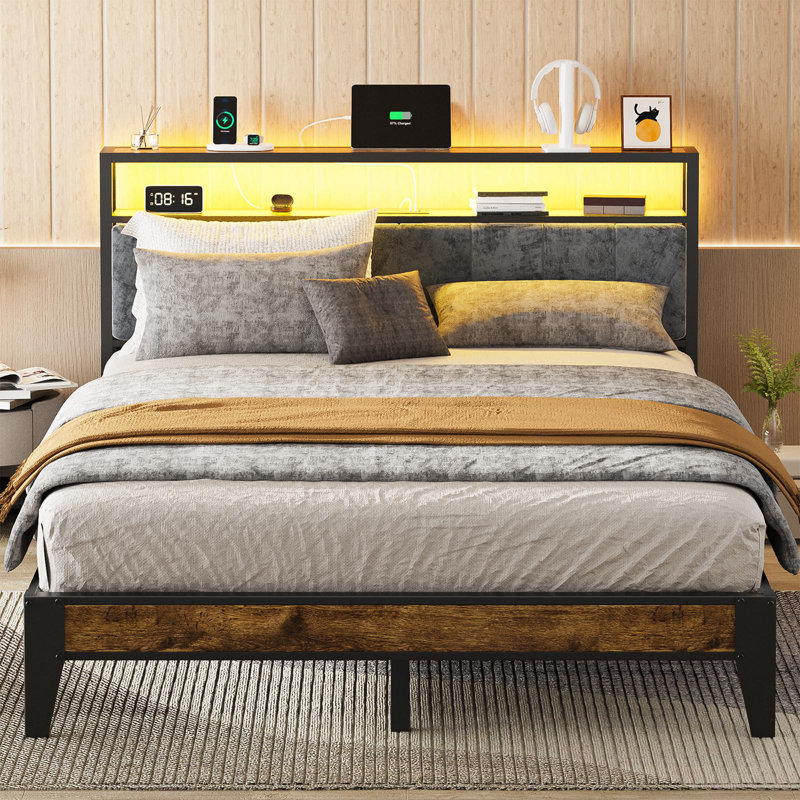 Queen Metal Platform Bed with LED Light Headboard and Storage