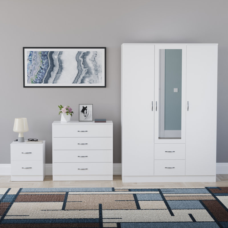 Maybery 3 Piece Bedroom Set (2 Drawer Bedside Chest, 4 Drawer Chest, 3 Door 2 Drawer Mirrored Wardrobe), (5), White