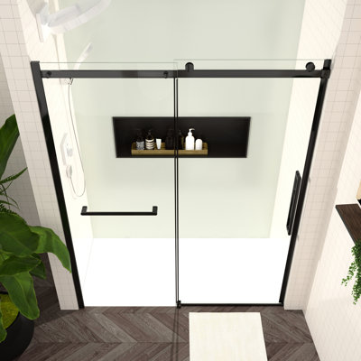 56 - 60"W X 76"H Bathroom Shower Door, Tempered Glass, Matte Black Latch, Smooth Sliding System, Soap Scum Coating, Contemporary Part Lock, Function, Water Repellent Modern Accessory