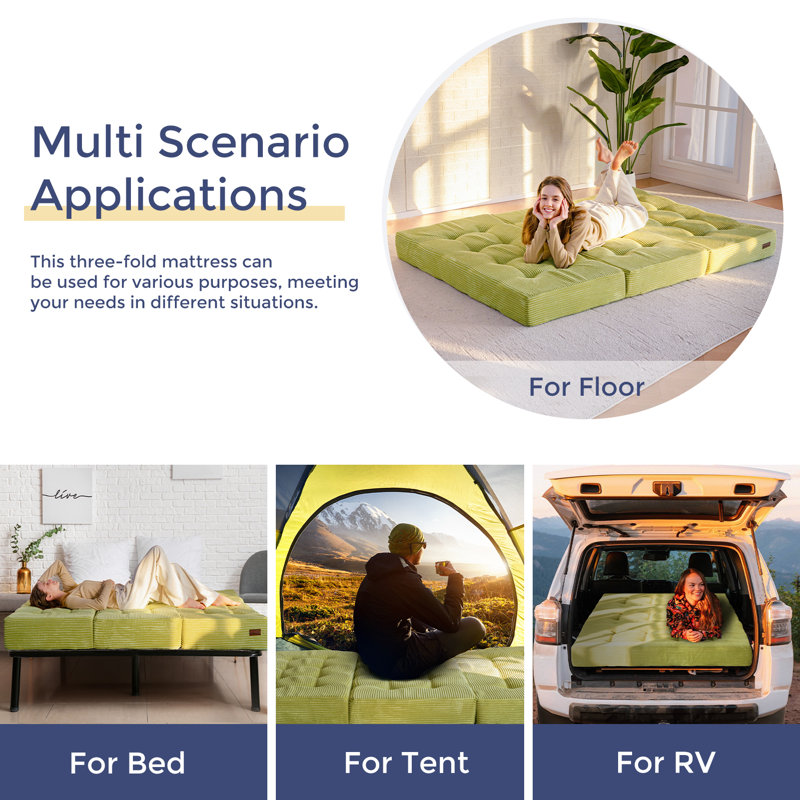 Tri-Fold Velours côtelé 6 po, Vert, Grand lit