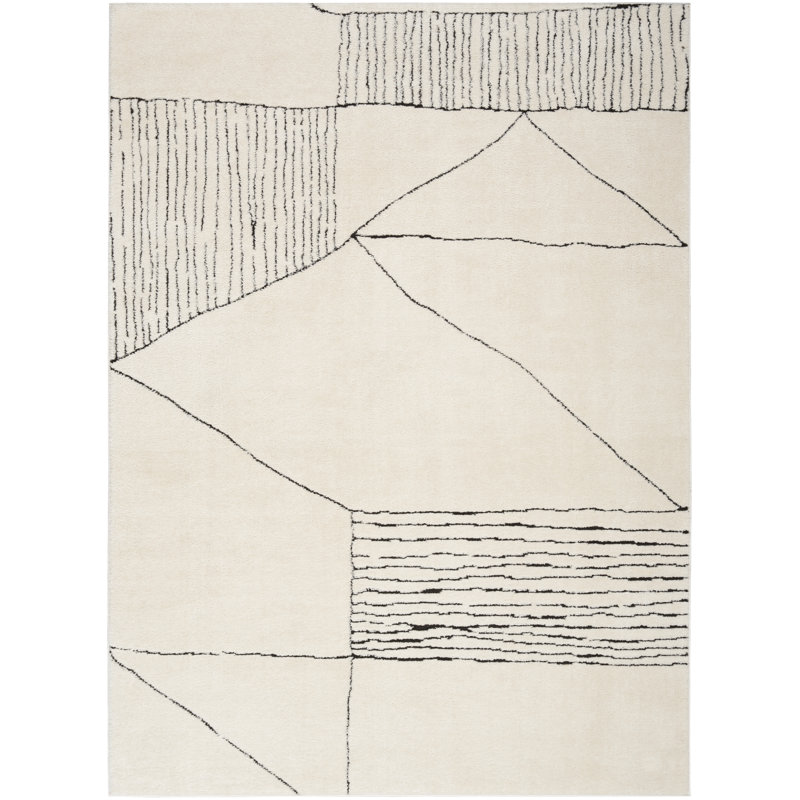 Rectangle Abstract Machine Woven Area Rug in White, Rectangle 5'3" x 7'