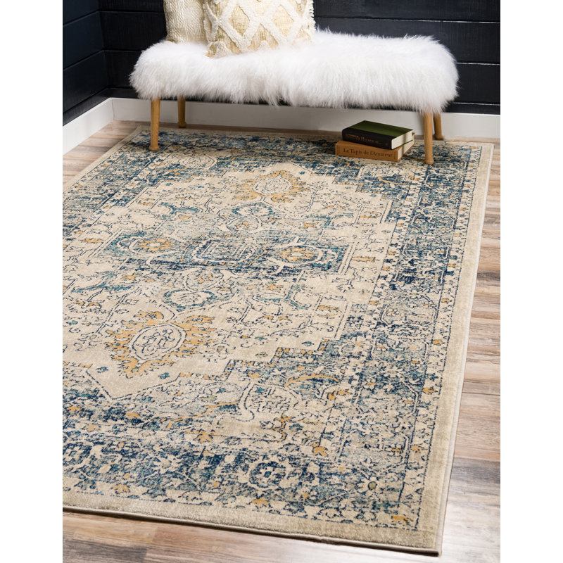 Tapis oriental beige / bleu marine Wimpole, Rectangle 8 pi x 11 pi