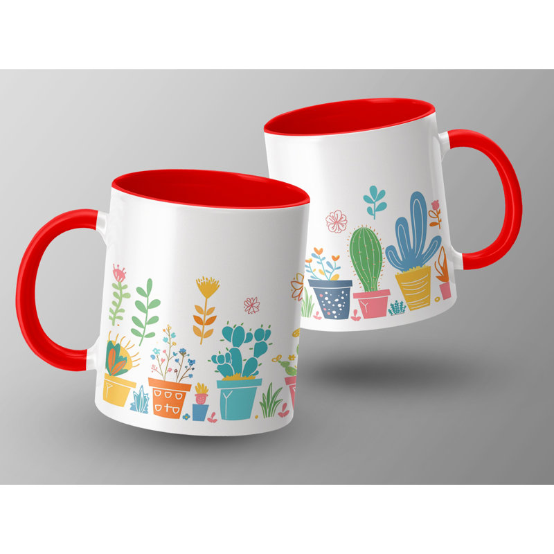 Kids Drawing Style 11oz Accent Mugs – Ceramic Coffee Cup with a Red Handle and Interior