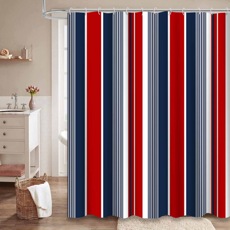 Rideau de douche rayé bleu rouge blanc marine avec 12 crochets, L 72 po x l 72 po