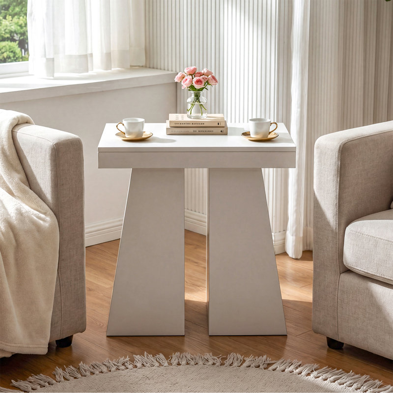 Table d'appoint moderne blanche avec base trapézoïdale pour petits espaces, salon, chambre à coucher