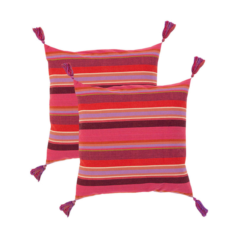 Stripe and Tassel Cotton Throw Pillow, 18" H x 18" W x 4" D, Down
