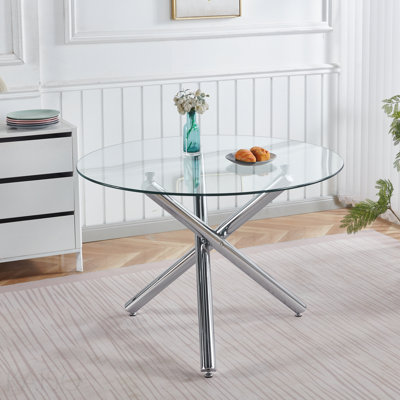 Chrome Dining Table With Metal Leg And Glass, Modern Space Saving Kitchen Table For Living Room (110x110x75cm)