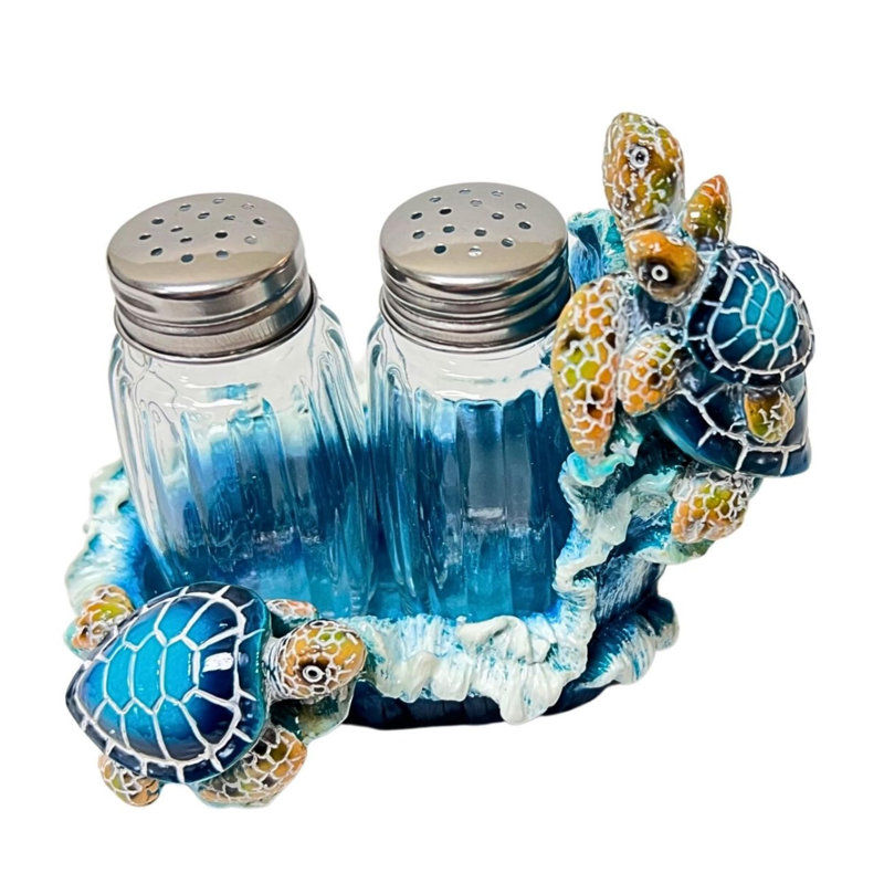 Ensemble de salière et poivrière en résine avec support de conception côtière de tortue de mer