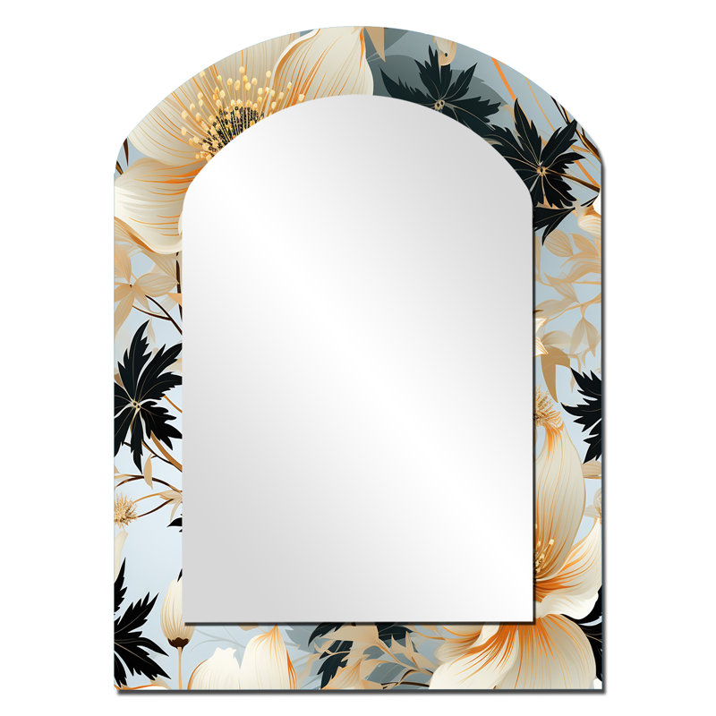 Delicate Magnolia Dreams - Floral Arch Large Wall Mirror, White Asymmetrical Decorative Mirror, Printed Metal Art, 34" x 25"