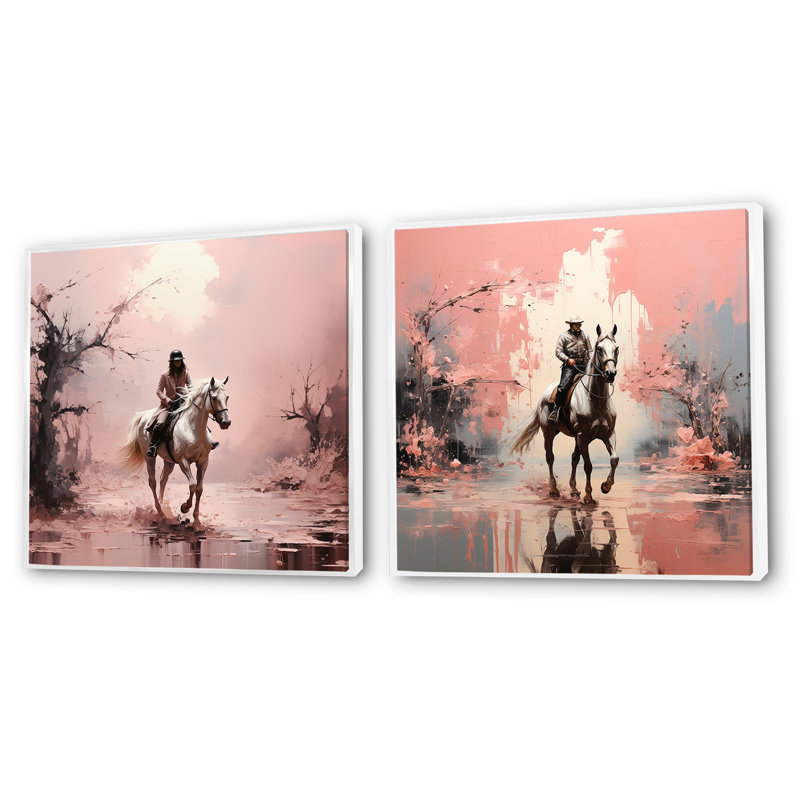 Cheval romantique au galop - ensemble de 2 animaux carrés, H 16 po x l 33 po, Cadre flottant blanc