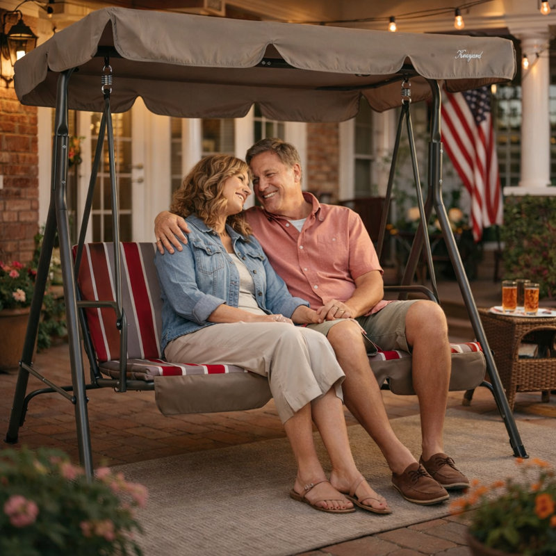 Kozyard Alicia 3-Seat Patio Swing, Outdoor Canopy Swing with Steel Frame, Adjustable Canopy and Removable Cushions for Porch Patio Garden Poolside, Red Stripe