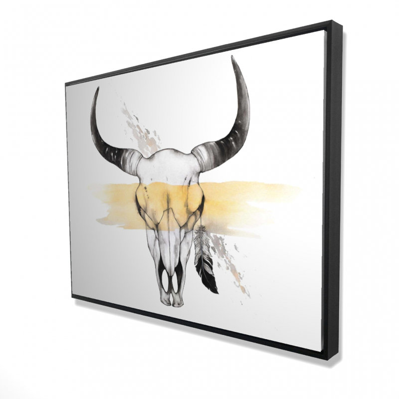 Cow Skull With Feather Print On Canvas
