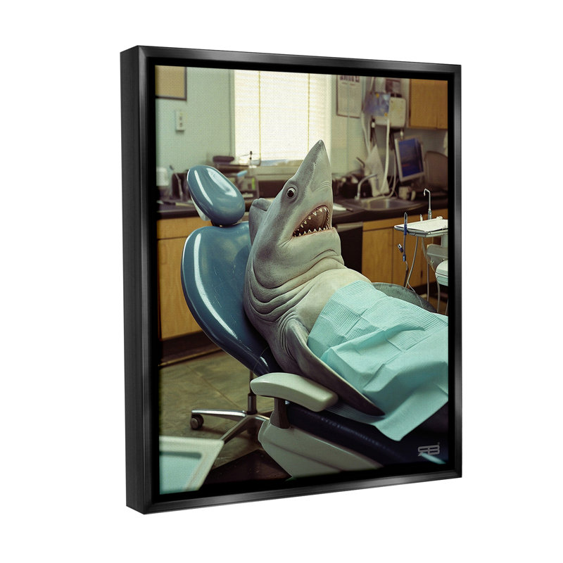 "Shark At Dentist" par RB sur toile, Cadre flottant noir de jais, H 31 po x l 25 po