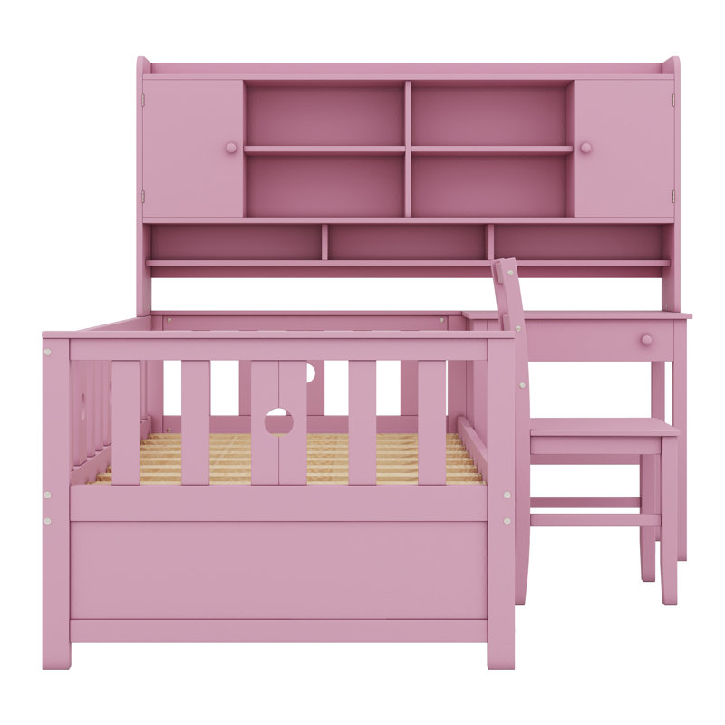 Multifunctional Wood Platform Bed With Bookshelf At The Head Of The Bed, Built-In Desk And Matching Chair, Pink
