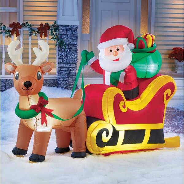 The Holiday Aisle® Christmas Santa Claus on Sleigh with Three Reindeer  Inflatable & Reviews