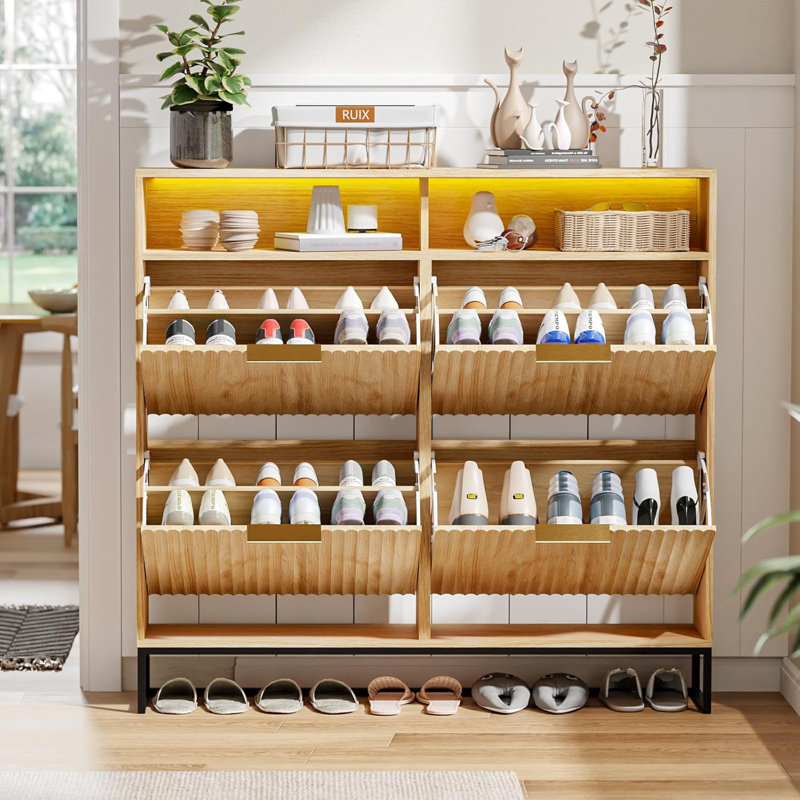 47.2 Inch Wide Slatted 4 Flip Drawers 1 Compartment Storage LED Light Shoe Cabinet, Oak