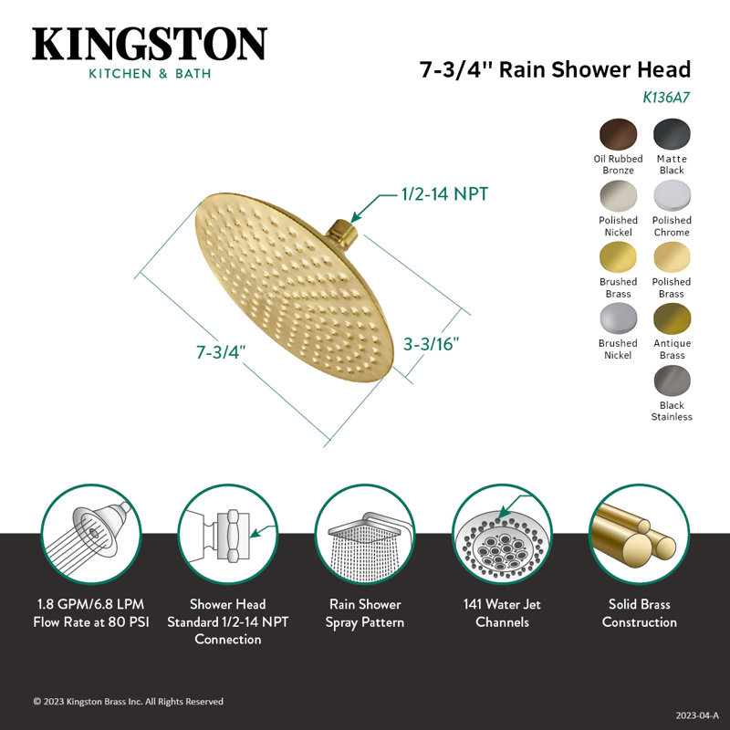 Kingston Brass Shower Scape 7-3/4-Inch Round Raindrop Brass Shower Head, Brushed Nickel