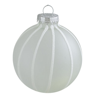 4Ct Clear Frosted with White Glitter Stripes Matte Glass Ball Christmas Ornament Set 3.5" (90mm)
