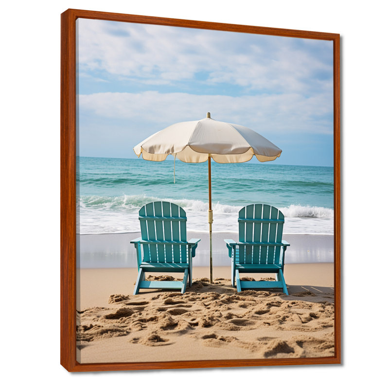 «Beach Chairs Scenery III - Coastal Beach», art mural sur toile, 44" H x 34" W, Cadre flottant brun