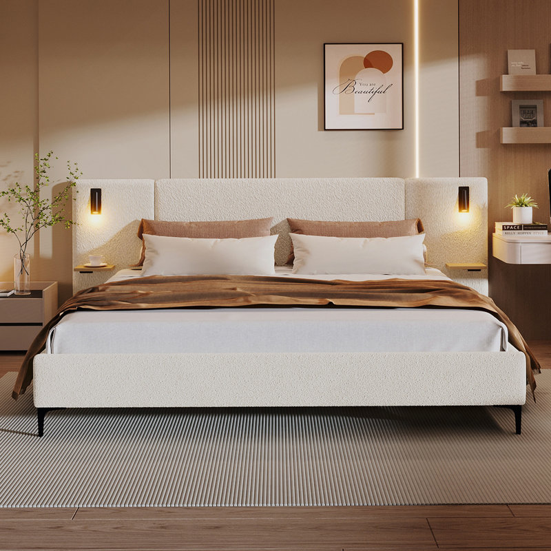 Lit rembourré sophistiqué Boucle avec lampes de lecture intégrées et étagères, idéal pour une configuration de chambre confortable et pratique