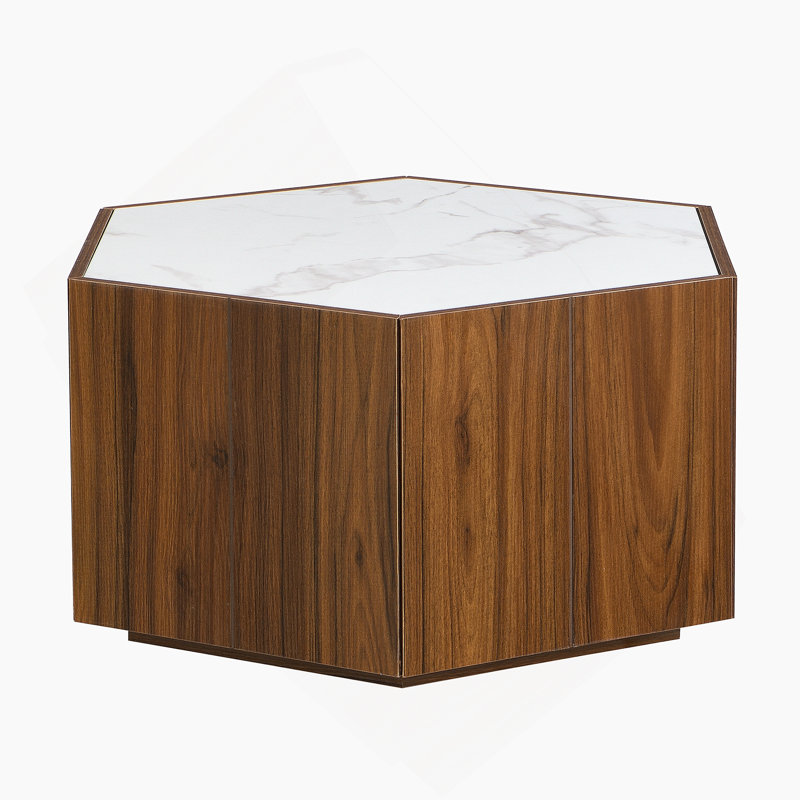 Table basse hexagonale rustique rétro en bois avec 2 tiroirs cachés, idéale pour le salon et la réception, offrant une utilisation et un rangement polyvalents