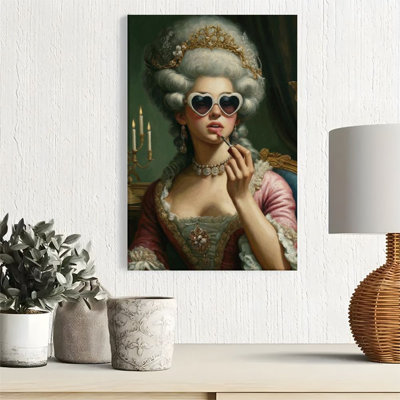 Affiche d'art mural sur toile encadrée 1pc, Marie Antoinette, lunettes de soleil en forme de cœur et rouge à lèvres, style portrait baroque, impression sur toile pour salon, chambre, bureau, salle de bain, dortoir, prêt à accrocher