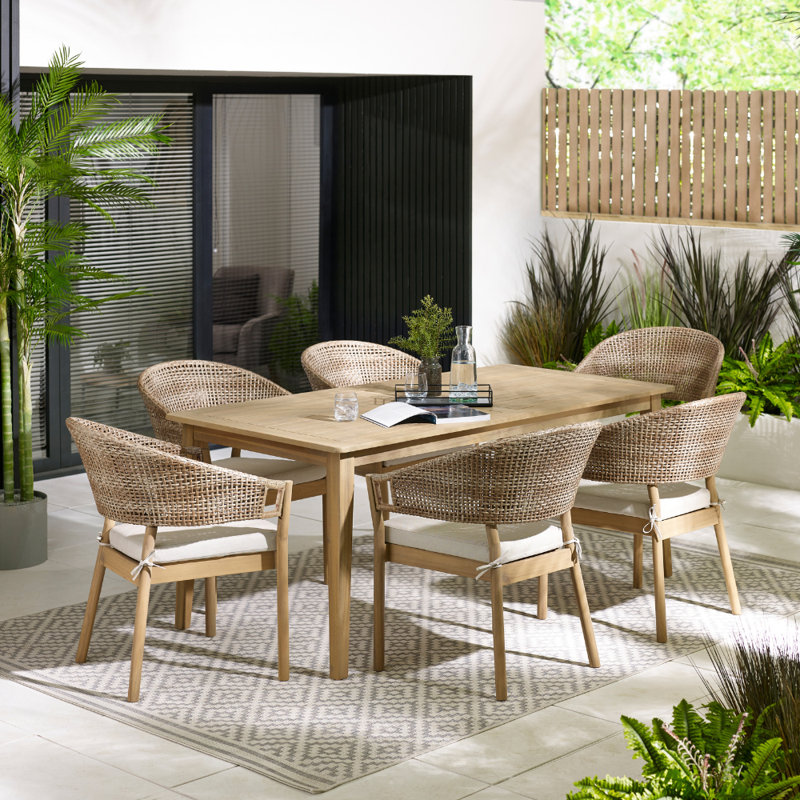Ronja Solid Wooden Garden Outdoor Table Set With Wicker Dining Chairs - Modern Boho Style, 6