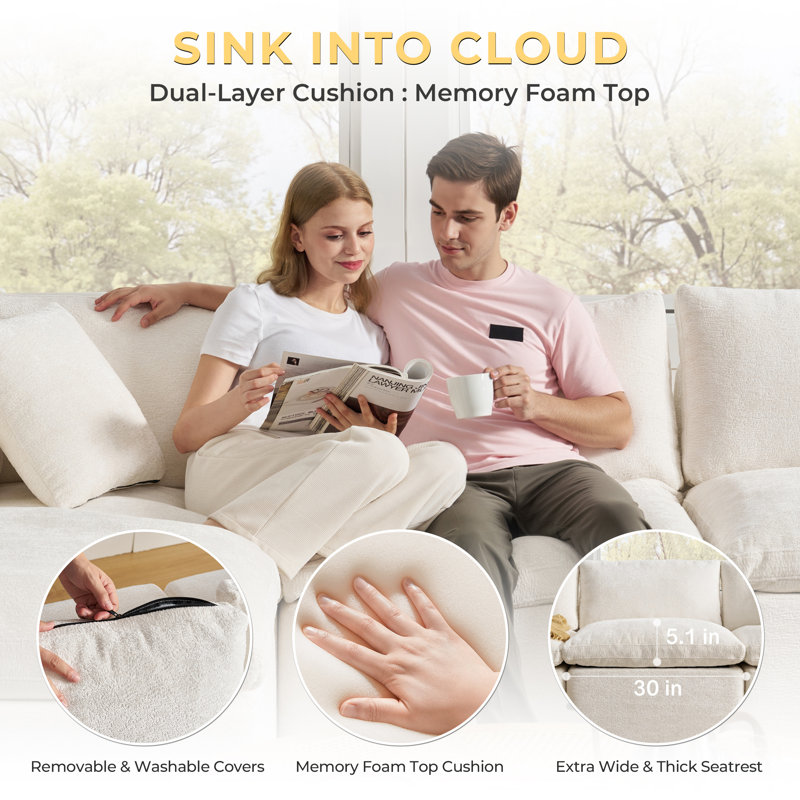 Boneless 79" Compact Cloud-Style Sectional, Chenille Sofa With Ottoman, High-Density Boneless Compression Foam, White