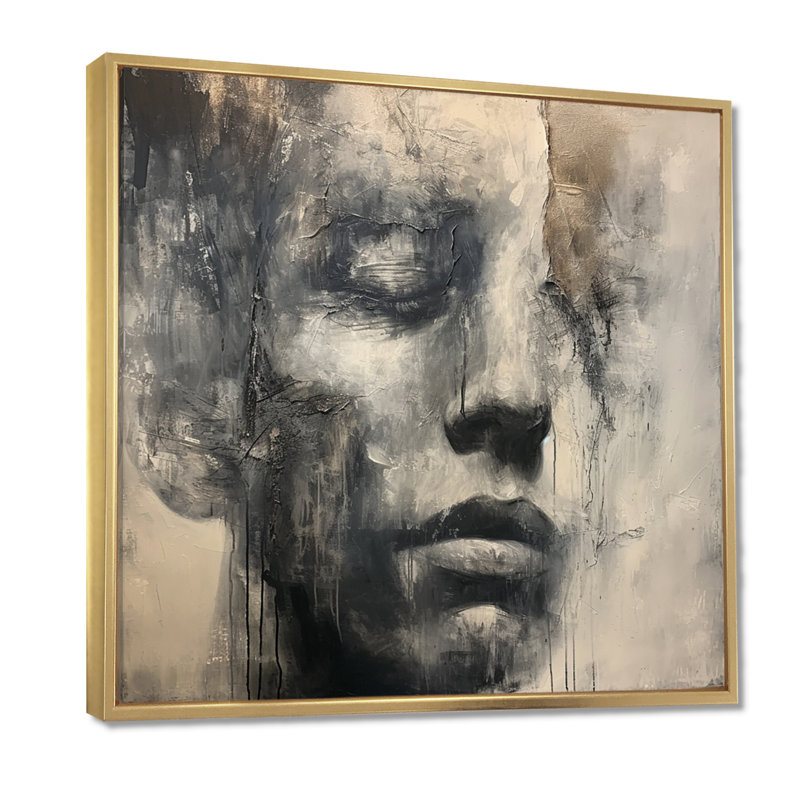 Contemplation monochromes visage homme - Portraits abstraits, art mural, Toile avec cadre flottant or, H 44 po x l 44 po