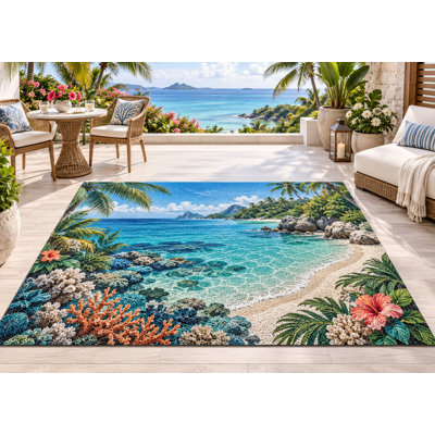 5' x 7' Outdoor Area Rug Tropical Coral Bay Heavyweight Solid Waterproof PVC Coil Loop Carpet, Heavy Duty Patio Rug, Quick Dry Indoor Outdoor Mat for Entryway