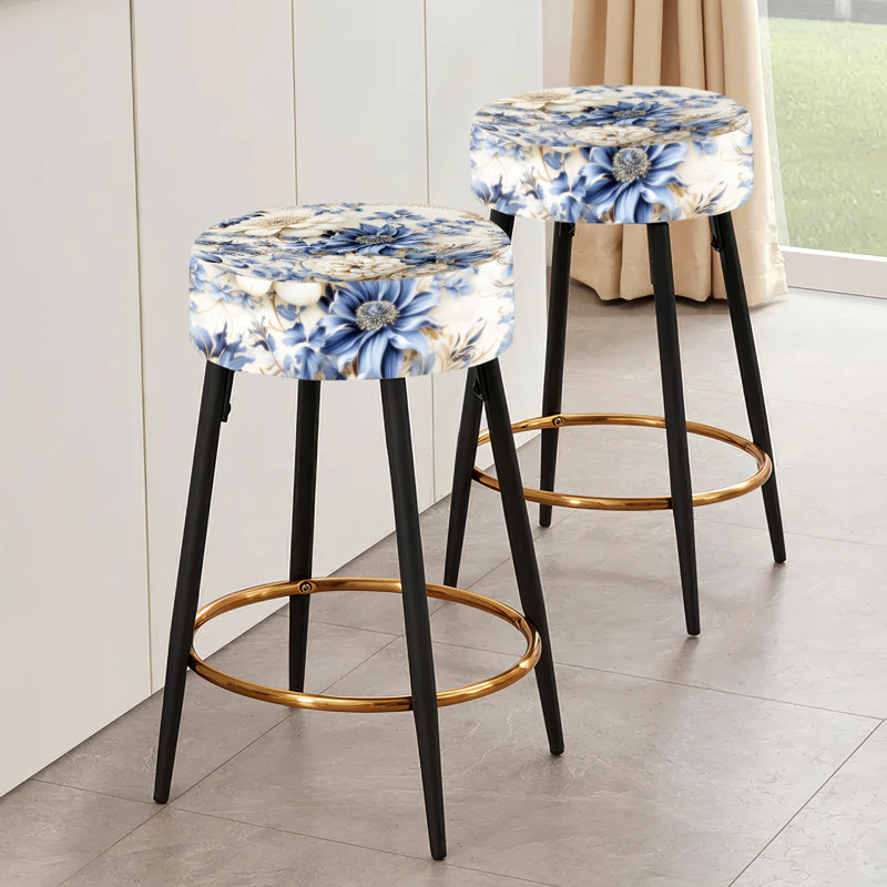 Ensemble de 2 tabourets de bar victoriens à motif damassé bleu et blanc damas II