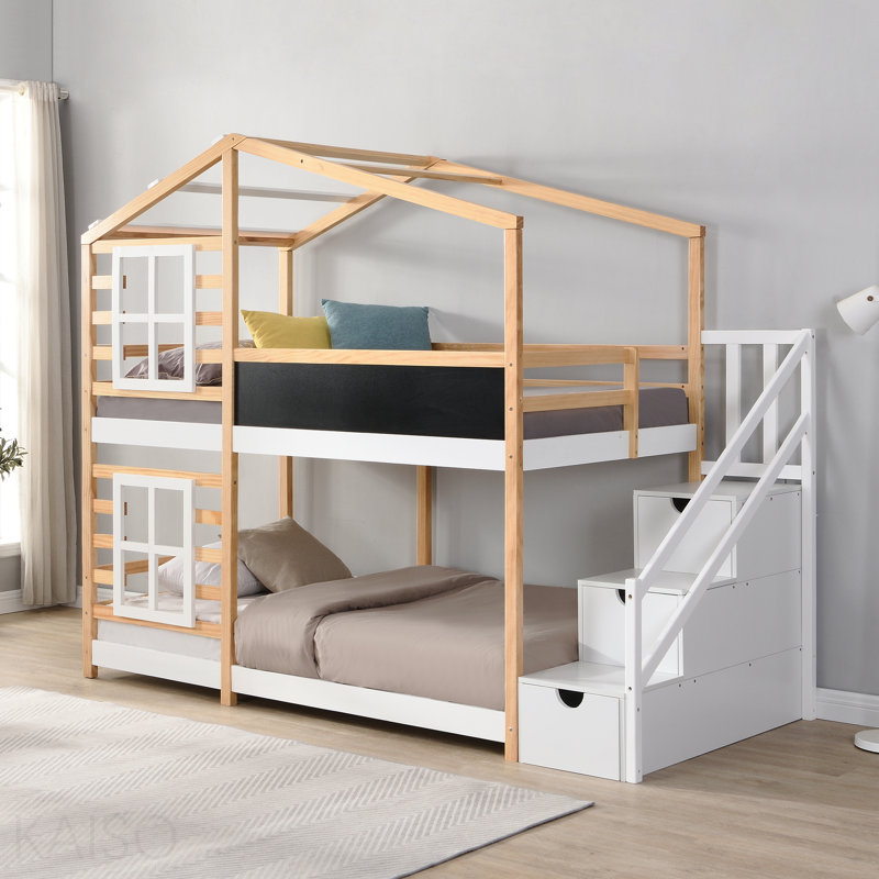 Cadre de lit simple au-dessus d'un lit superposé simple avec toit avec conceptions de fenêtre décoratives au fini noir et cadre de lit avec échelle de rangement, cadre de lit