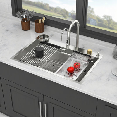Évier de cuisine à cascade 33 po - éviers de cuisine à rebord à cuve simple en acier inoxydable 33 * 22 * 10 "avec robinet rétractable et laveuse à tasses