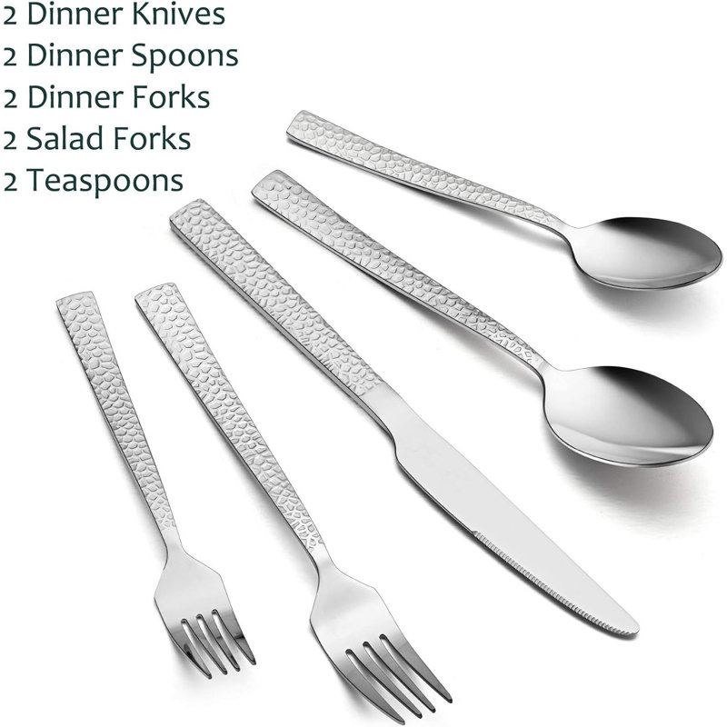 10-Piece Hammered Silverware Set, Stainless Steel Square Flatware Set Service for 2