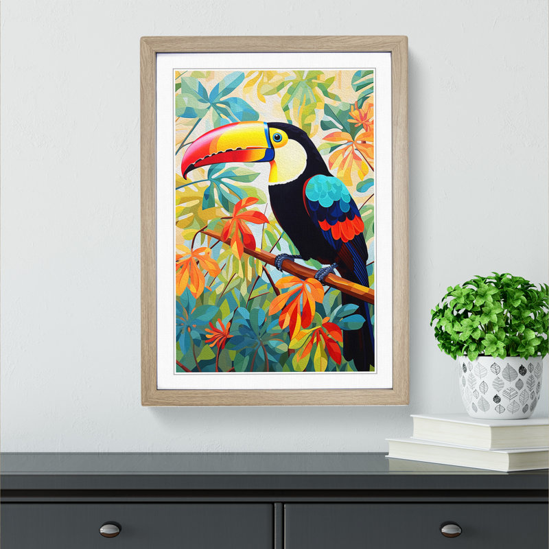 Toucan Hard Edge Painting - Single Picture Frame Print on Wood, Oak, 64cm H x 46cm W x 2cm D