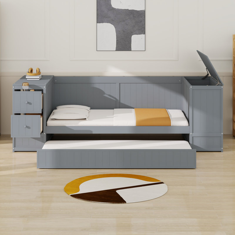 Daybed With Storage Arms, Trundle And Charging Station, Gray