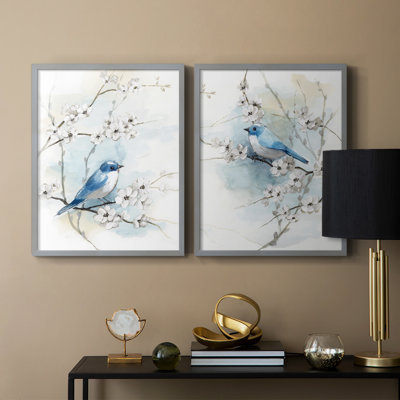 «Blossoms and Bluebird I», reproduction encadrée de qualité supérieure - prête à être accrochée - aucun clou requis - aucun clou requis