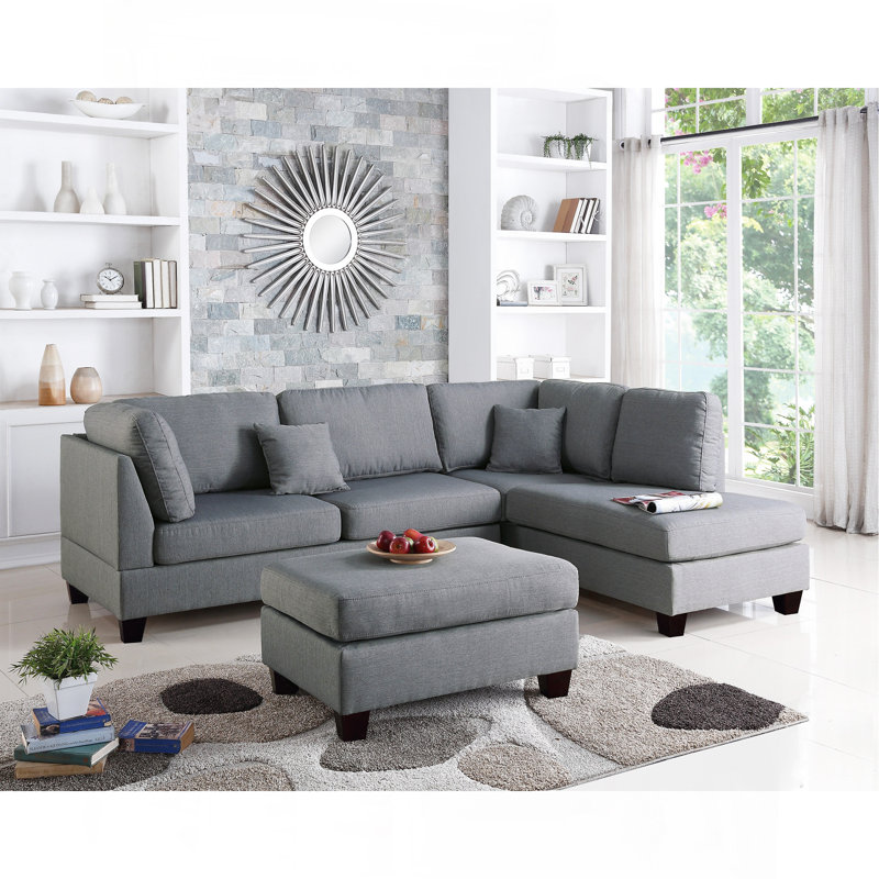3 pièces Canapé modulaire réversible pour canapé de salon et repose-pieds en polyfibre, Gris