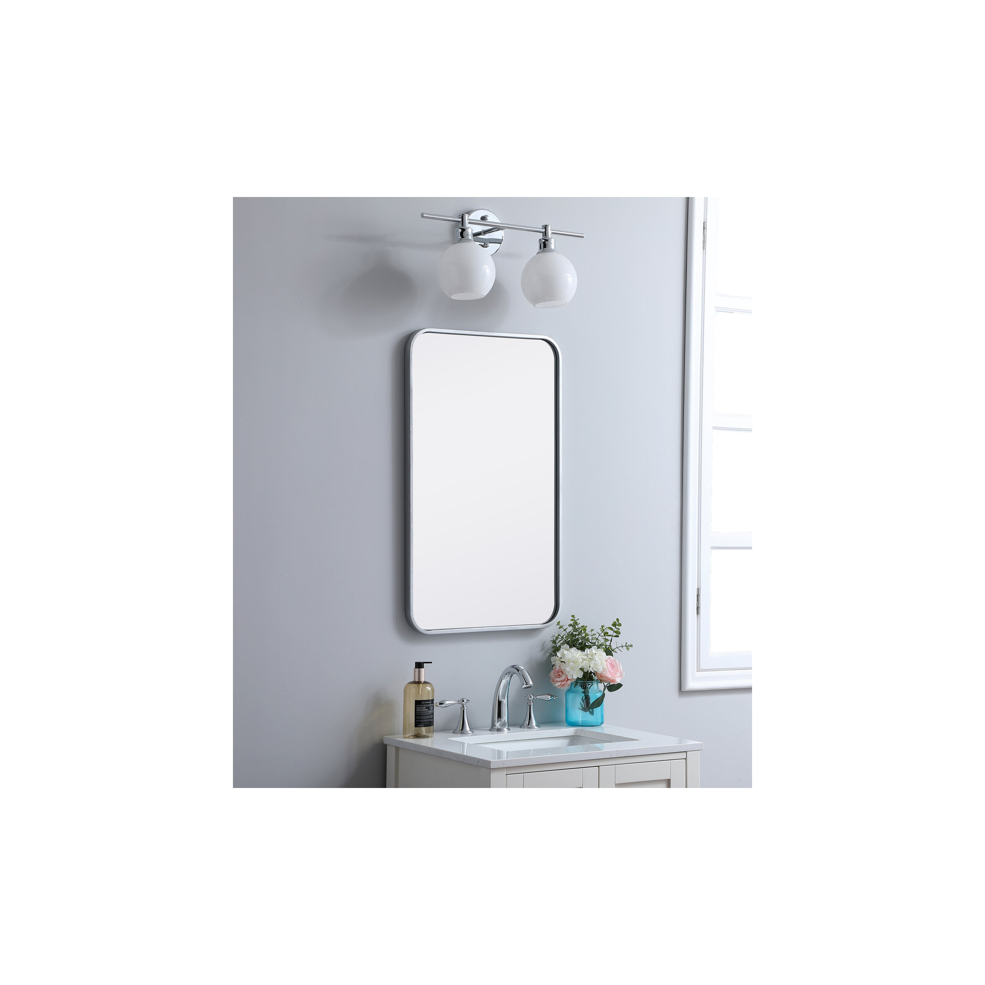 Sabine Metal Rounded Rectangle Wall Mirror, Silver, 30" x 18"