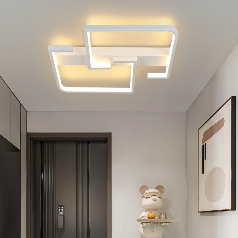 2-Light Black Geometric LED Flush Mount - Warm White, 19W, for Living Room Hallway, White