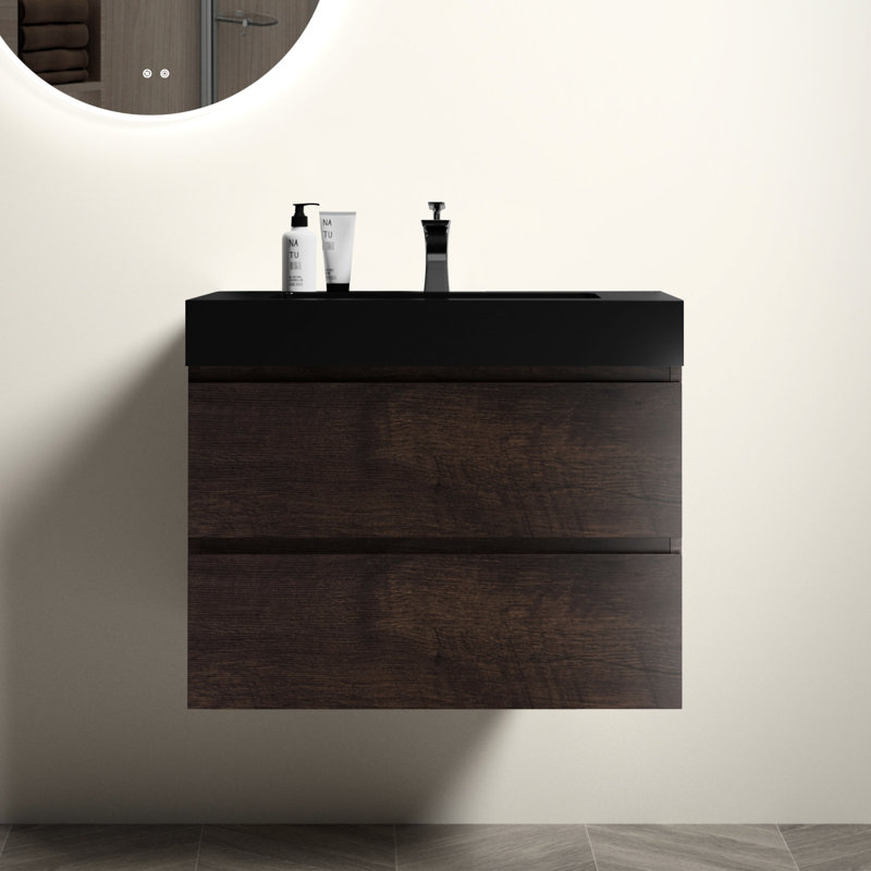 Lavabo intégré contemporain en quartz noir mat avec trop-plein conçu pour la salle de bain, 30"