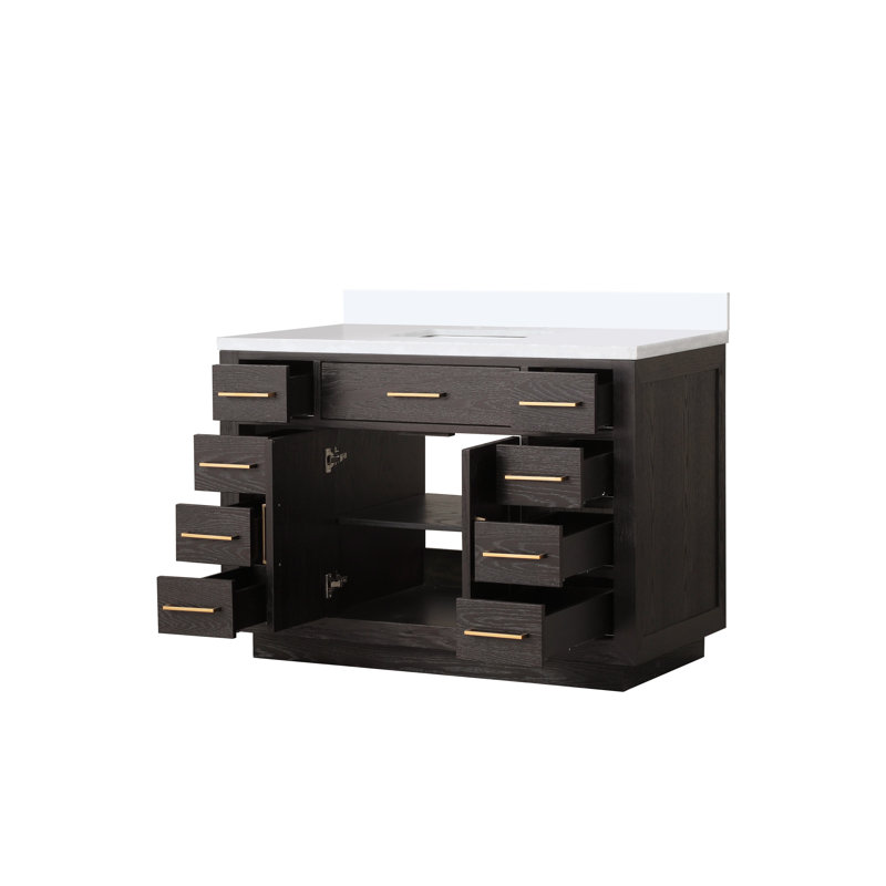 48" Single Bathroom Vanity Set, Brown Oak, White Quartz