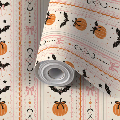 Rouleau de papier peint pelez et collez, citrouille d'Halloween, chauves-souris, arcs, délicat, rose, revêtement mural auto-adhésif imperméable pour salon, décoration de chambre à coucher, décoration murale 24 po x 118 po (60 po x 300 po)