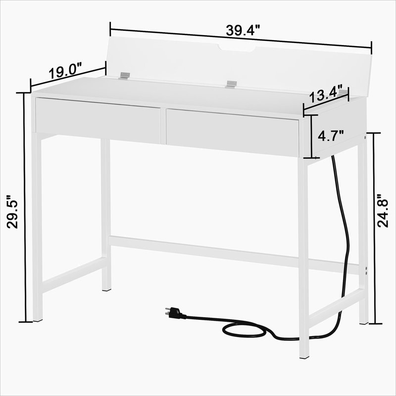 Bureau de charge 40 po avec 2 prises et 2 ports USB - Bureau d'ordinateur / meuble-lavabo à 2 tiroirs pour bureau ou chambre à coucher
